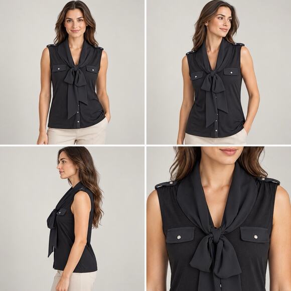 White House Black Market Tops - White House Black Market Blouse Womens XS Black Sleeveless Bow Tie Neck Button